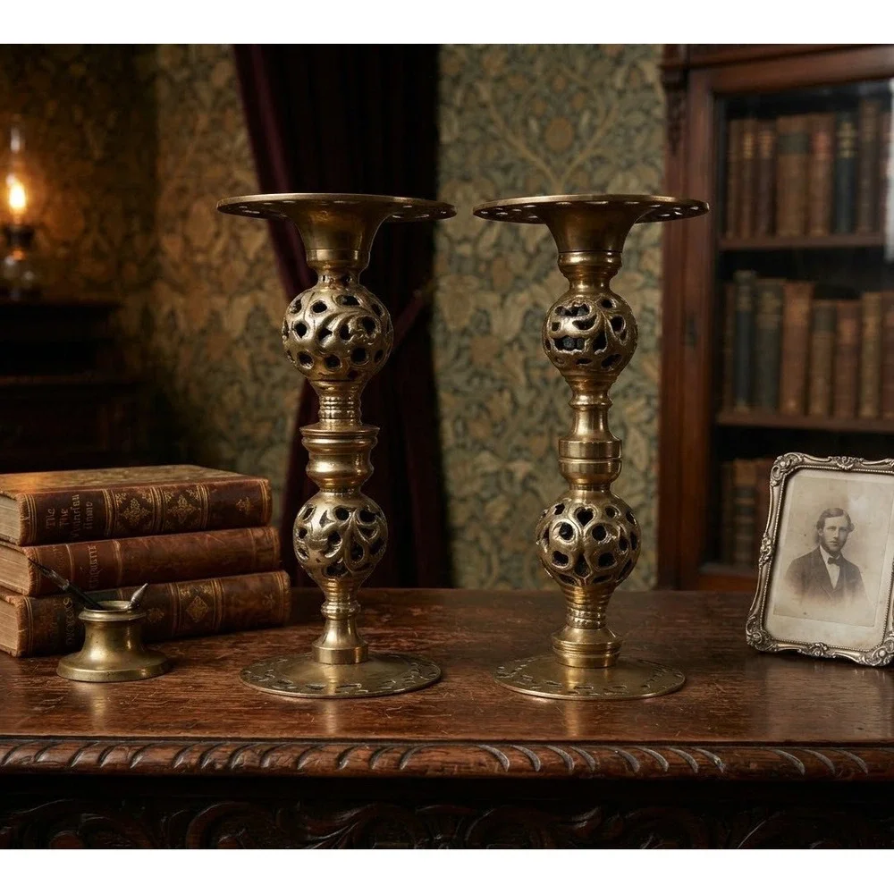 Vintage Brass Openwork Lattice Candlestick Holders Ornate Pierced Set of 2 9in